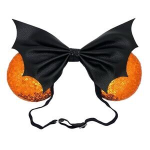 Spooky Halloween Orange Sequin Bat Wing Minnie Mouse Ears Comfy Elastic Headband